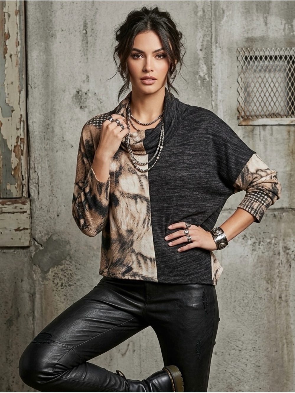 Khangura Women’s Cowl Neck Asymmetrical Snake Print Color-block Sweater Size L